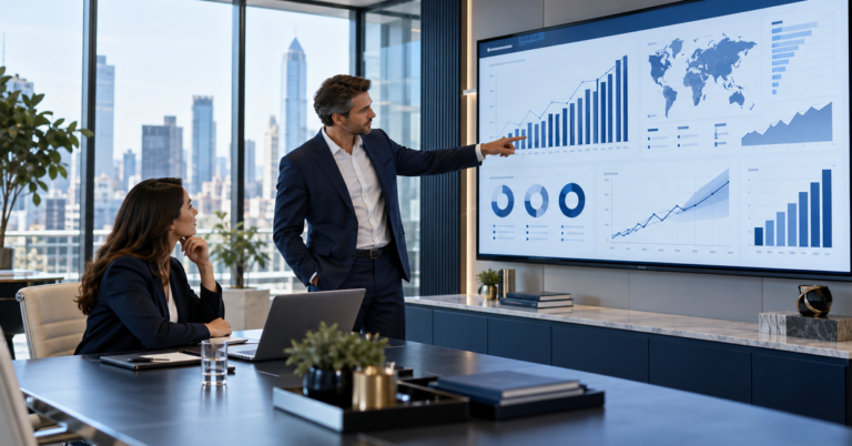 Controller bespricht inkonsistente Forecasts und Planungs-Dashboards im Controlling-Meeting
